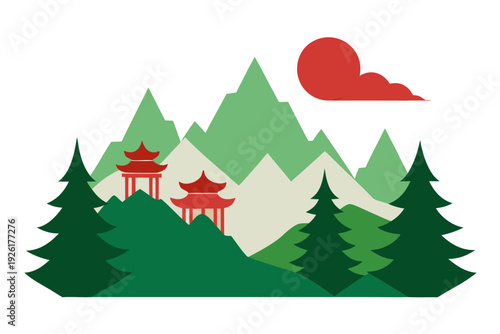 A serene vector graphic of a mountain landscape with Asian-style pagodas and trees under a red sun