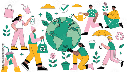 A clean flat vector illustration of environmental protection featuring a green Earth surrounded by fresh leaves and plants, Environmental Protection Concept