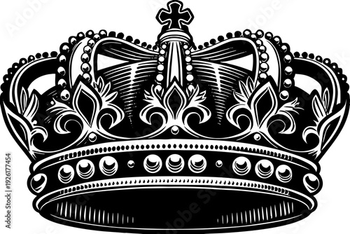 A black and white illustration of a royal crown with intricate designs and jewels