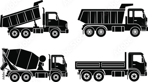 Heavy Construction Truck Silhouette Set, Dump Truck Concrete Mixer Vector Collection, Tipper Flatbed Lorry Graphics, Industrial Building Logistics Transport Illustration Pack (20 words)