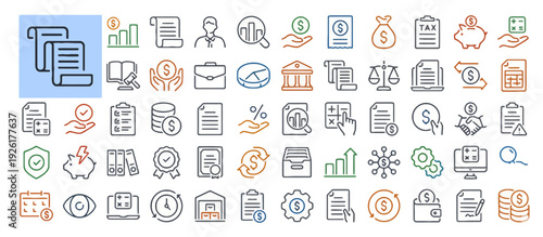Collection of modern icons representing business and technology concepts in a grid layout on a clean background viewed from directly above