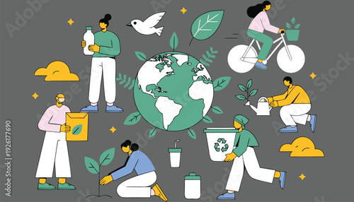 A clean flat vector illustration of environmental protection featuring a green Earth surrounded by fresh leaves and plants, Environmental Protection Concept