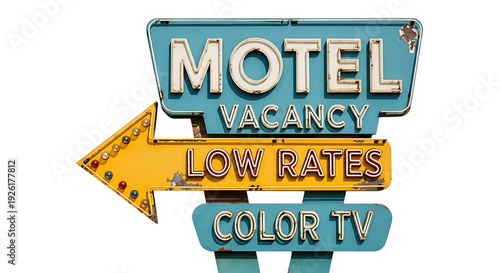 Vintage motel sign advertising a great stay and good food in the countryside