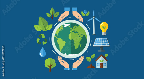 A clean flat vector illustration of environmental protection featuring a green Earth surrounded by fresh leaves and plants, Environmental Protection Concept
