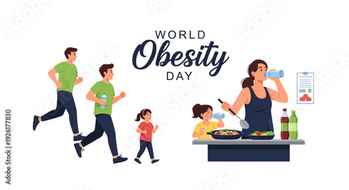Illustration of family and people promoting healthy lifestyle on World Obesity Day with colorful graphics and icons for public health awareness.