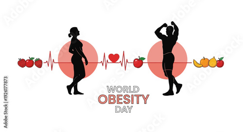 World Obesity Day illustration with silhouettes of a woman and man surrounded by fruit and a heartbeat line on a white background.