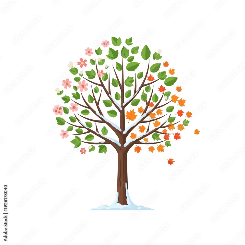 Obraz premium Four Seasons Tree: Spring Blossoms, Summer Green, Autumn Leaves, Winter Snow