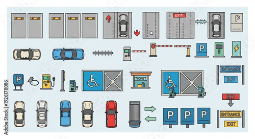 Parking lot elements and symbols for urban infrastructure and design.