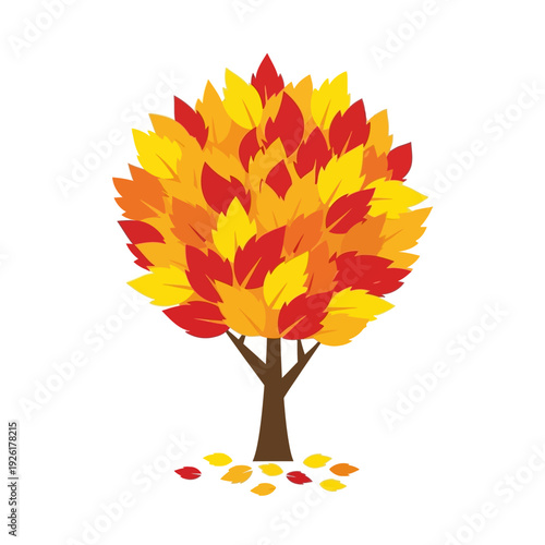 Vibrant Autumn Tree with Falling Leaves, Fall Season Foliage