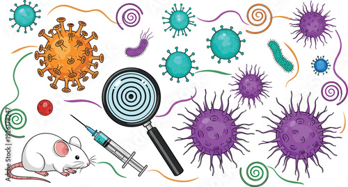 Microbiology science vector set featuring virus cells bacteria magnifying glass syringe medical laboratory mouse and microscopic pathogens isolated on white background.
