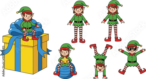Christmas elf vector character set featuring cute helpers in green costumes with large yellow gift box and striped socks for holiday season celebrations.