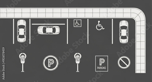 Parking lot illustration with cars, disabled parking, and parking meters, top view.