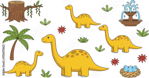 Cute yellow long neck brontosaurus dinosaur vector set with prehistoric palm tree fountain nest with eggs and plants isolated on white background.