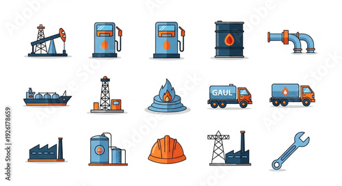 Collection of Oil and Gas Industry Icons Representing Energy and Production.
