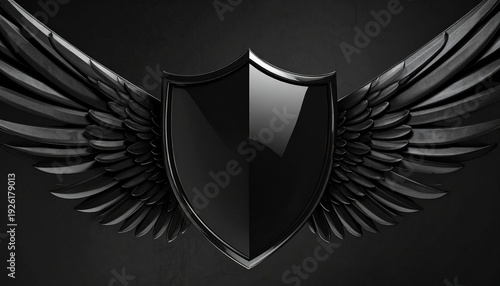 Glossy black shield emblem with wings