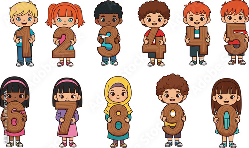 Vector set of diverse cute children holding large wooden numbers from zero to nine for educational math learning and preschool classroom counting activities.