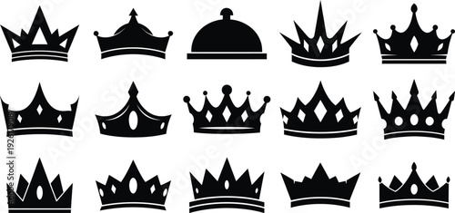 Collection of 13 black silhouette crowns on white background