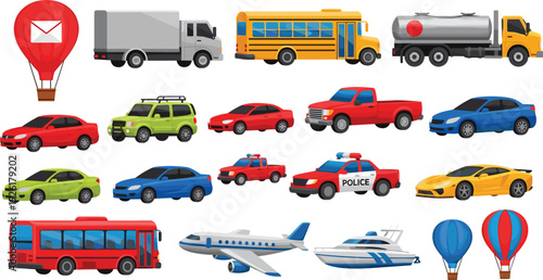 Transportation vector set featuring various vehicles including city bus, school bus, police car, airplane, boat, truck, hot air balloon, and modern passenger cars isolated.