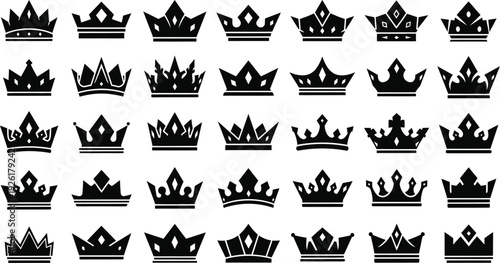 Collection of 36 black silhouette crowns on white background