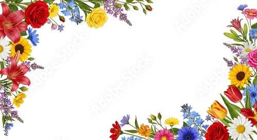 Assorted Flowers in Corners Creating a Floral Frame on White