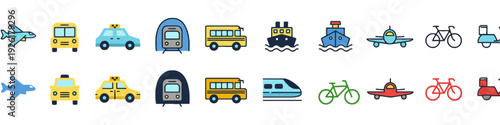Collection of colorful transportation icons including vehicles and bicycles displayed in a grid
