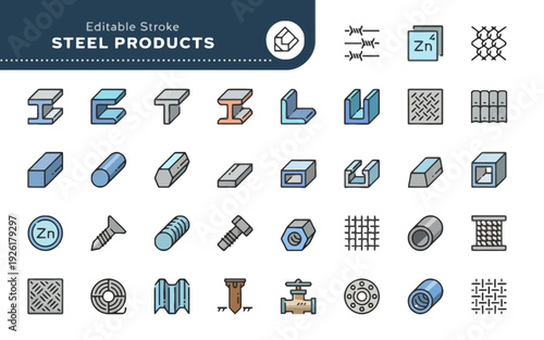 Collection of steel product icons displayed in a grid layout on a plain background from a straightforward viewpoint