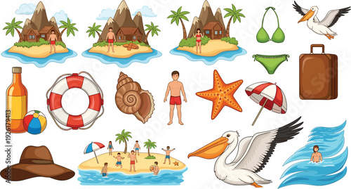 Tropical summer vacation vector icons set featuring island beach scenes, palm trees, ocean waves, pelicans, starfish, seashells, swimwear, suitcase, and people enjoying sun and travel.