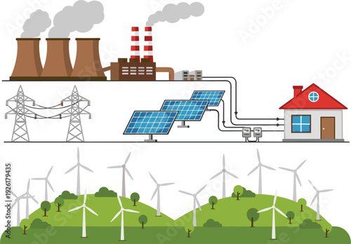 Renewable energy concept vector showing industrial factory pollution versus clean solar panels and wind turbine farm power supply to residential smart house.