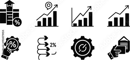 Collection of business and finance icons with growth and statistics symbols