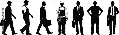 Professional People Silhouette Set, Corporate Business Executive and Industrial Construction Worker Vector, Office Staff Laborer Poses, Career Success Graphic Collection (20 words)