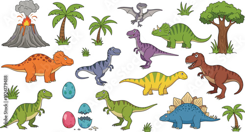 Large collection of cute cartoon dinosaur characters featuring Triceratops, Stegosaurus, T-Rex, and Pterodactyl with prehistoric volcano, palm trees, and hatching eggs isolated on white.