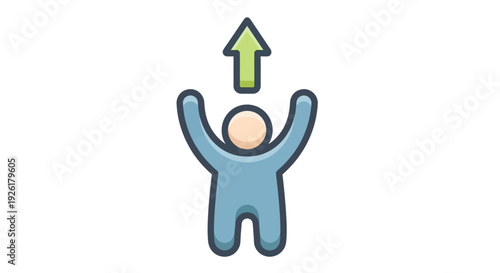 Iconic illustration of a person reaching for success, holding a prominent upward-pointing green arrow, symbolizing ambition, achievement, and positive progress towards goals