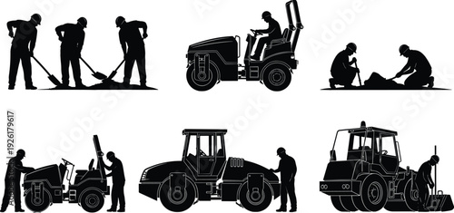 Road Construction Silhouette Set, Asphalt Paving Vector Collection, Steam Roller Machinery Operator, Maintenance Worker Laborer Poses, Industrial Highway Development Illustration Pack (20 words)