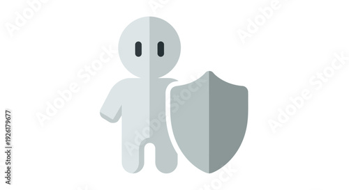 Minimalist graphic portraying a simplified human figure standing beside a strong protective shield, symbolizing individual security, data privacy, and robust personal safeguarding