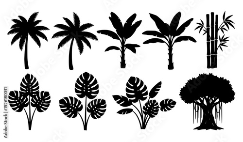 Tropical plant silhouette vector set with palm banana bamboo monstera and banyan trees isolated on white background