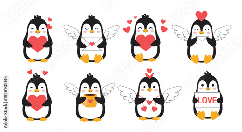 Adorable collection of eight cute cupid penguins celebrating Valentine's Day with hearts, angel wings, love letters, and happy expressions.