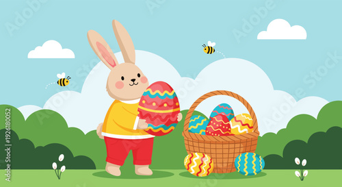 Cheerful Easter bunny holding a beautifully decorated egg in a sunny spring meadow with a basket full of colorful Easter eggs.