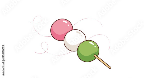 Cute and simple illustration of a Japanese dango skewer with three colorful mochi dumplings in pink, white, and green colors.