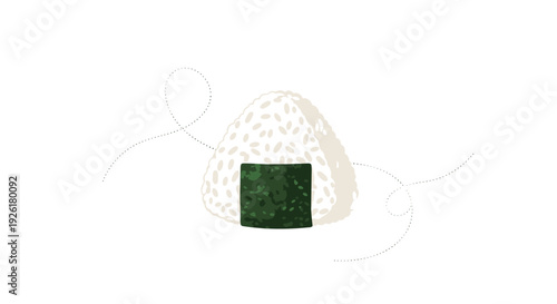 Minimalist illustration of a single Japanese onigiri rice ball with a nori seaweed wrap, isolated on a clean white background.