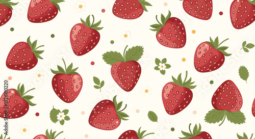 Delightful seamless pattern featuring ripe red strawberries, delicate white blossoms, and green leaves on a creamy off-white background.