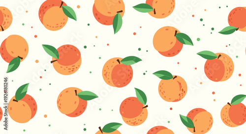 Cute and fruity seamless pattern with sweet peaches, green leaves, and colorful dots scattered on a light, speckled background.