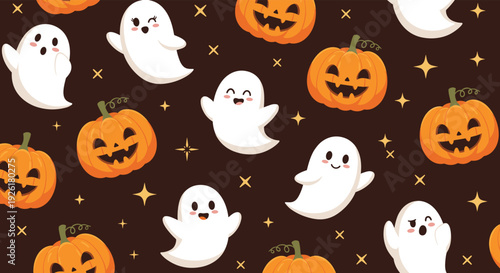 Cute and spooky seamless Halloween pattern featuring friendly ghosts, carved pumpkins, and sparkling stars on a dark background.