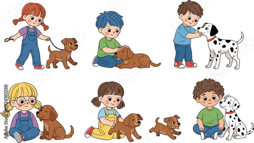 Cute cartoon collection set featuring diverse children playing with puppies, walking dogs, petting pets, and animal care illustrations isolated on white background for kids design.