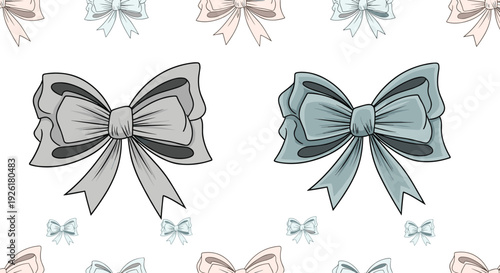 Elegant seamless pattern featuring large and small hand-drawn bows in sophisticated muted gray, blue, and pink tones on a white background.