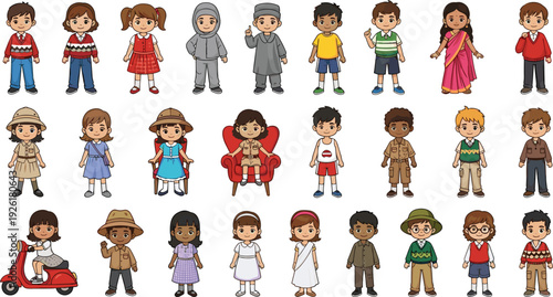 Large collection of diverse cartoon characters wearing various cultural outfits and professional uniforms isolated on white background for global community and multicultural representation.