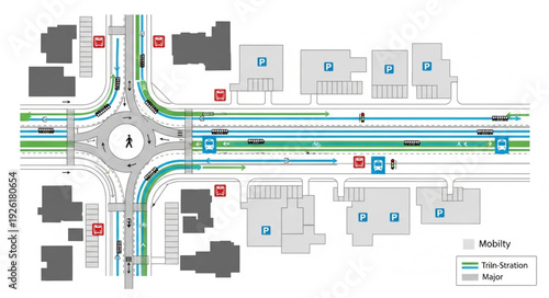 Detailed road intersection plan with roundabout and surrounding buildings, a comprehensive urban design.
