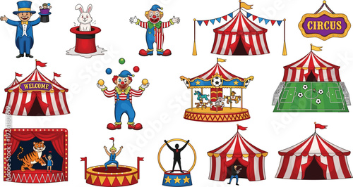 Large circus vector collection featuring carnival tents, magician with rabbit, clowns, juggling, carousel, tiger show, ringmaster, and acrobats on white background.