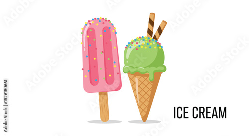 Delicious illustration of a pink popsicle and a scoop of green ice cream in a cone, both generously topped with colorful sprinkles.