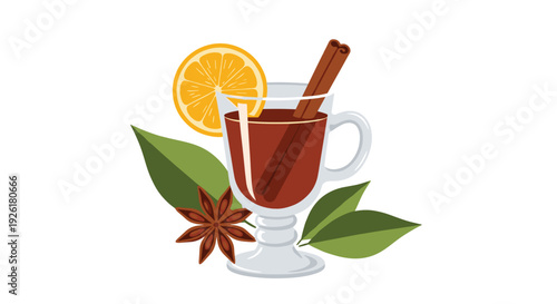 Cozy glass of warm mulled wine garnished with a slice of orange, a cinnamon stick, star anise, and green leaves for a festive feel.