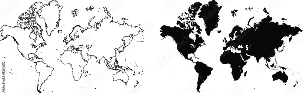 Naklejka premium World map outlines and filled continents comparison